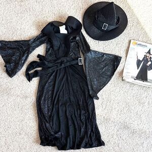 California Costumes Girls 5 Black Sparkling Witch Gown Hat Set Goth Dress Up EUC